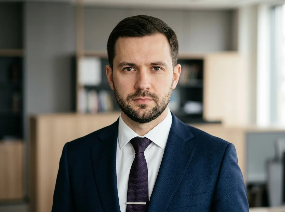 Аватар мужчины Николая 34 года, серьёзный вид, деловая одежда, нейтральный фон